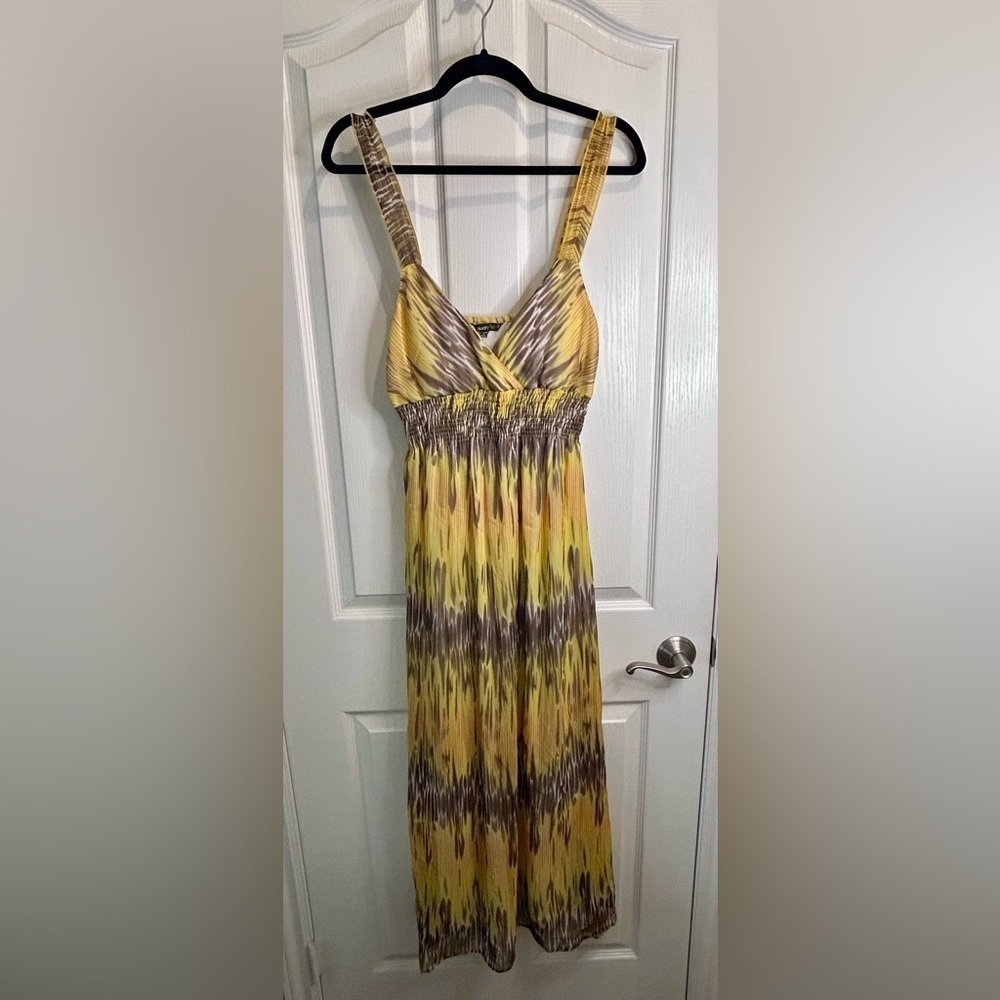 💛”Anthropologie Chaundry KC”Yellow and Brown Mixed Media Smocked Maxi SunDress🤎